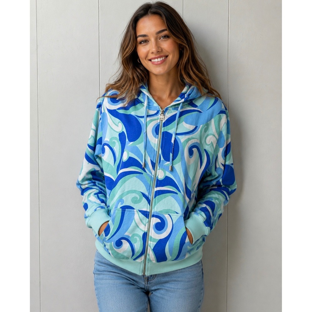 NWT Hill House Home Allie Zip-Up Hoodie Ocean Kaleidoscope Blue Swirl Print Sz M